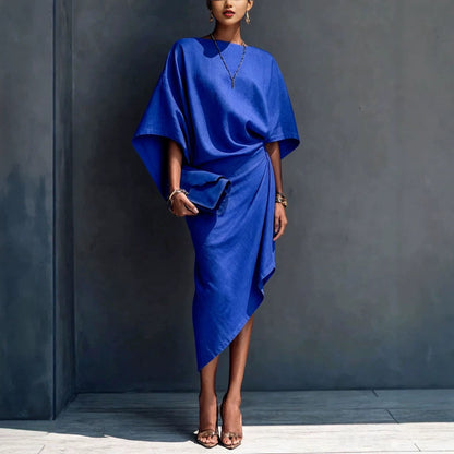Linen Oversized Dolman Wrap Asymmetric Midi Dress