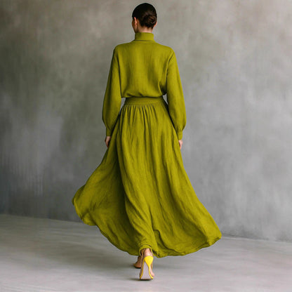 Olive Green Crinkled Linen Mock Neck Crop Top Wide Leg Maxi Pant Two Piece Set