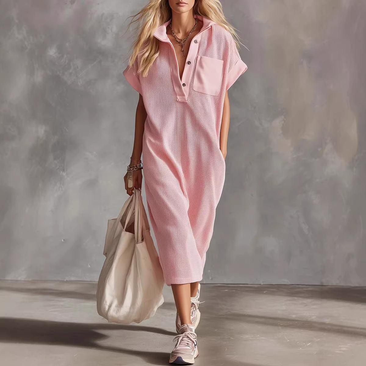 Waffle Knit Collared Midi Shirt Dress | Casual Loose Pocket Summer Dress