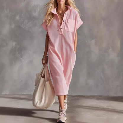 Waffle Knit Collared Midi Shirt Dress | Casual Loose Pocket Summer Dress