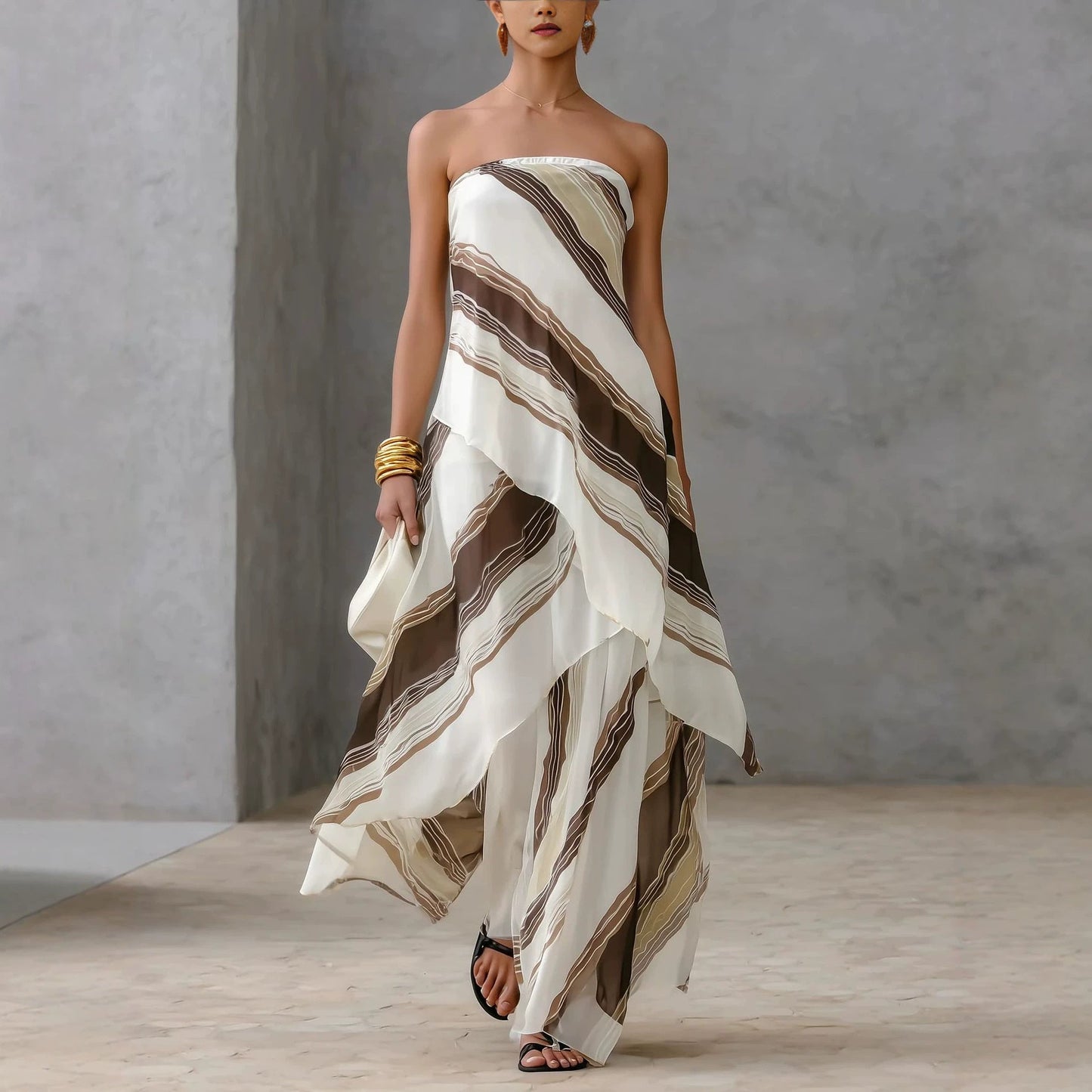 Neutral Diagonal Stripe Strapless Tiered Chiffon Maxi Dress
