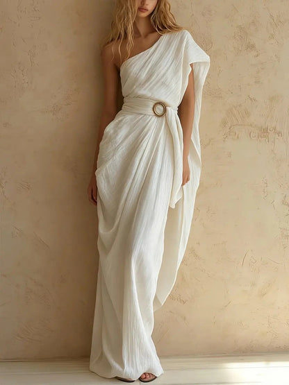 One-Shoulder Draped Belted Maxi Dress