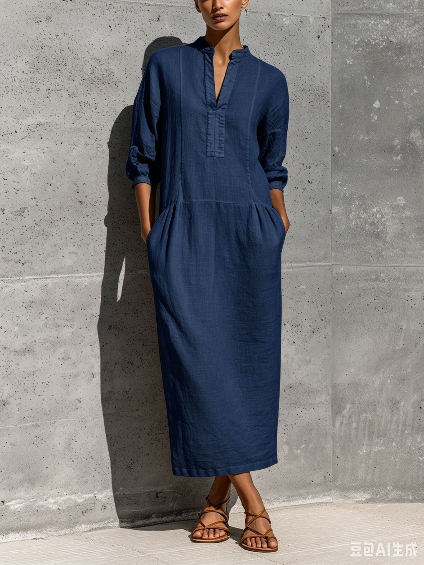 Linen Stand Collar Split V 3/4 Sleeve Drop Pocket Midi Dress