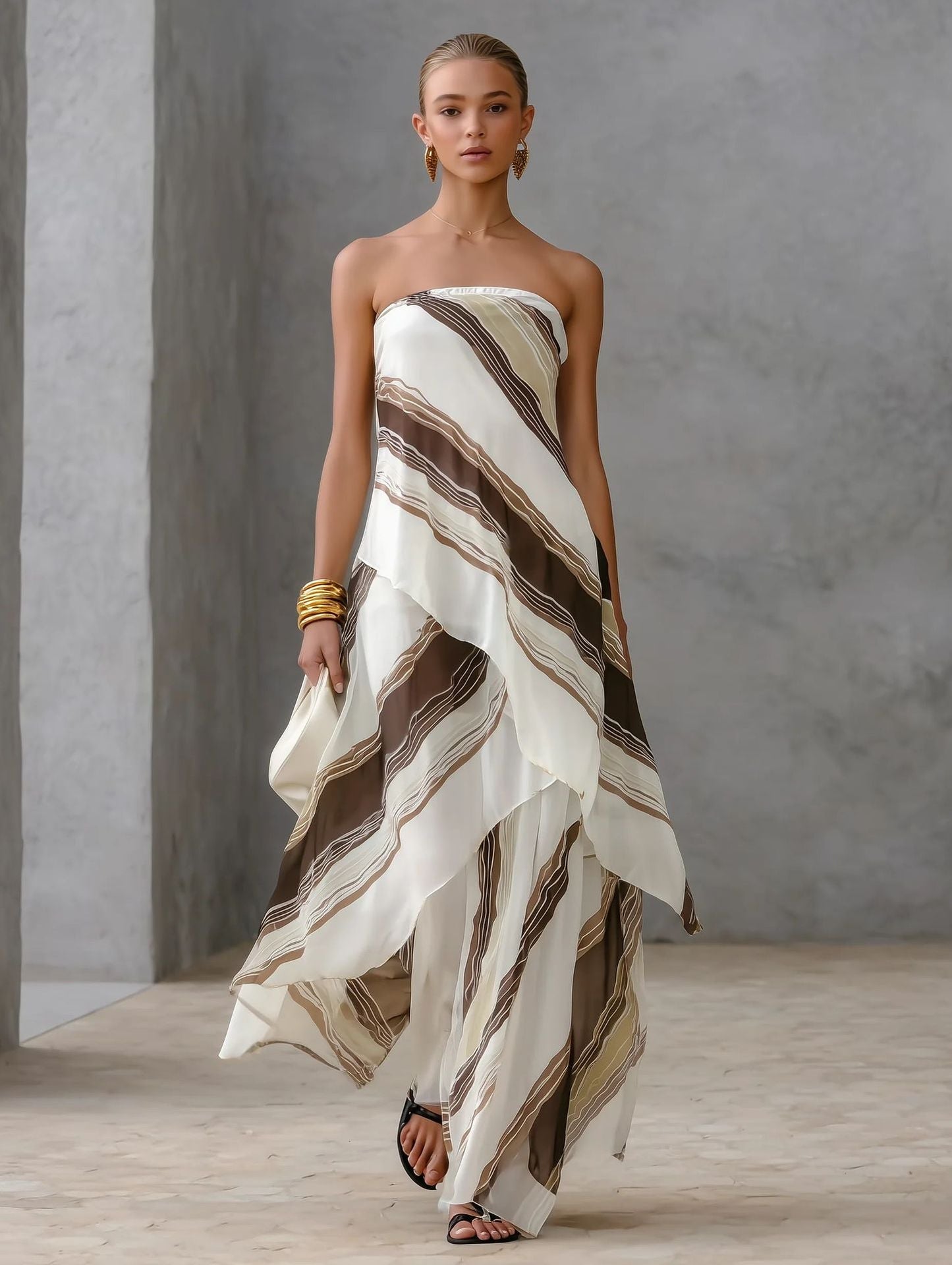 Neutral Diagonal Stripe Strapless Tiered Chiffon Maxi Dress