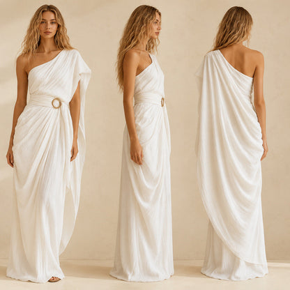 One-Shoulder Draped Belted Maxi Dress