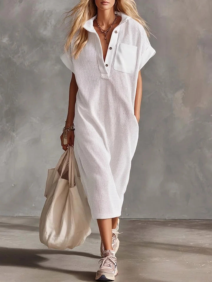 Waffle Knit Collared Midi Shirt Dress | Casual Loose Pocket Summer Dress