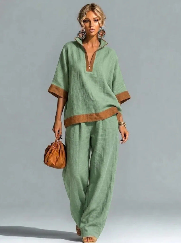 Linen Contrast Brown Trim Half Zip Collar Loose Two Piece Wide Leg Pant Set