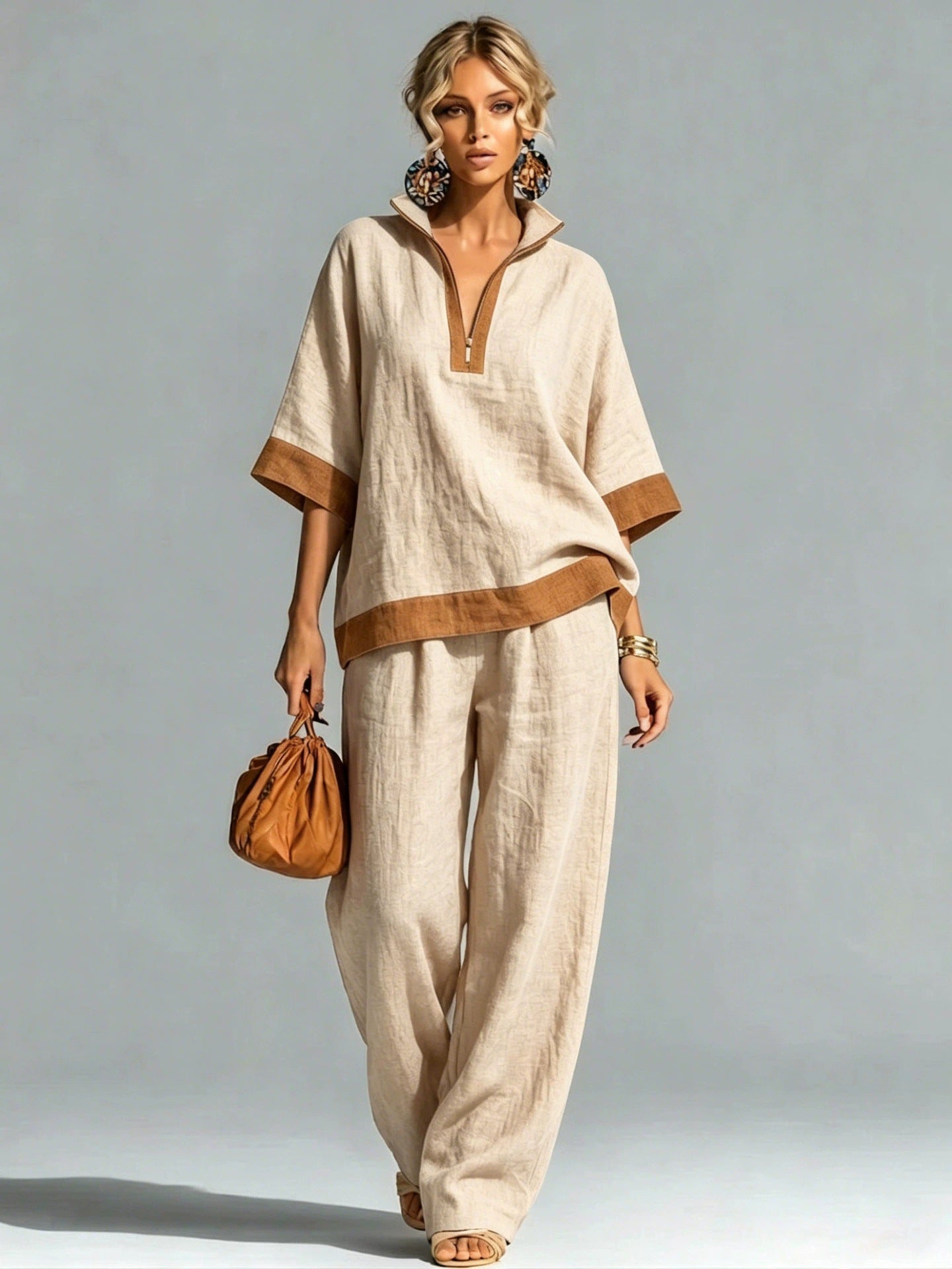 Linen Contrast Brown Trim Half Zip Collar Loose Two Piece Wide Leg Pant Set