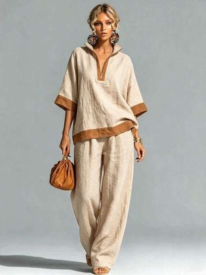Linen Contrast Brown Trim Half Zip Collar Loose Two Piece Wide Leg Pant Set
