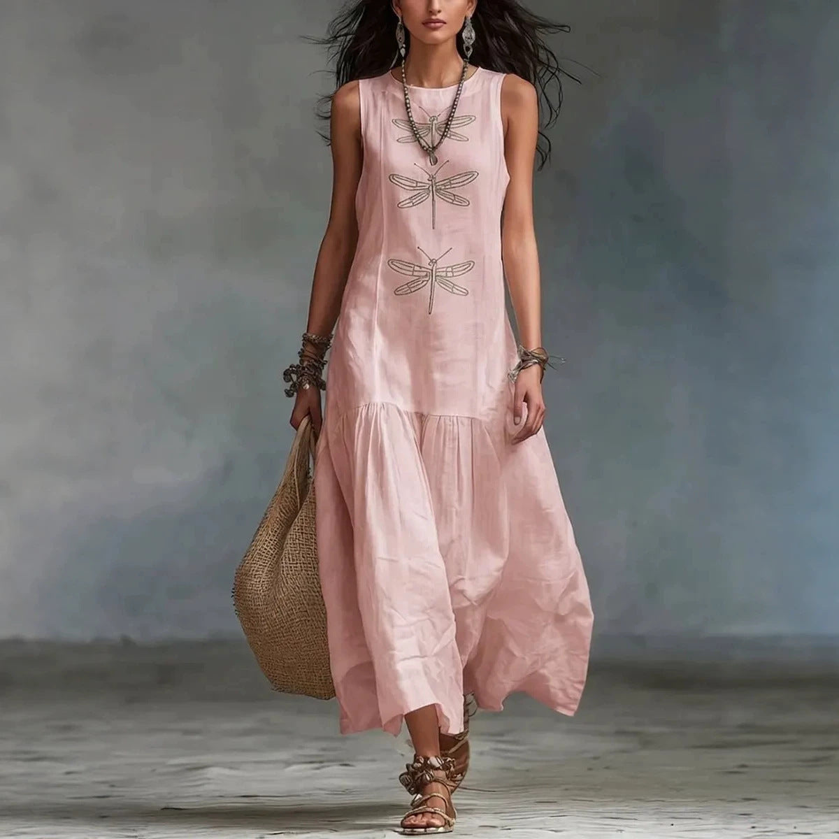 Linen Dragonfly Embroidery Sleeveless Tiered Maxi Dress