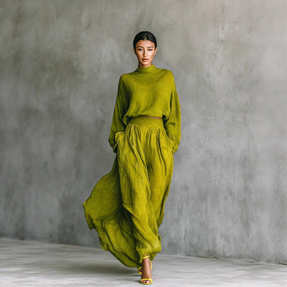Olive Green Crinkled Linen Mock Neck Crop Top Wide Leg Maxi Pant Two Piece Set