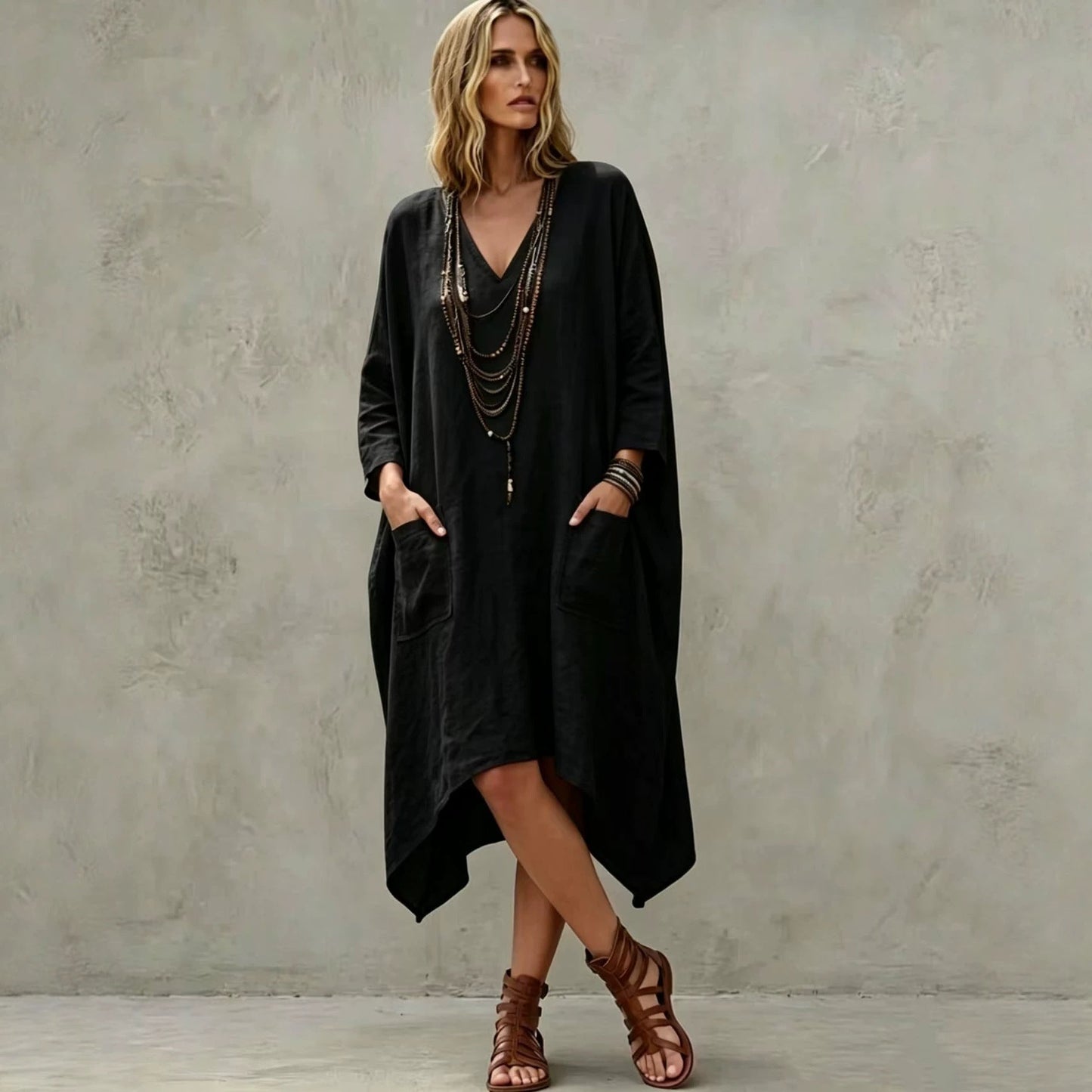 Linen Blend V-Neck 3/4 Sleeve Irregular Hem Midi Dress With Side Pockets