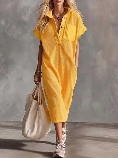 Waffle Knit Collared Midi Shirt Dress | Casual Loose Pocket Summer Dress