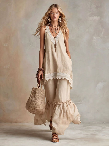 White Lace-Trim Tunic & Ruffle Pants Set