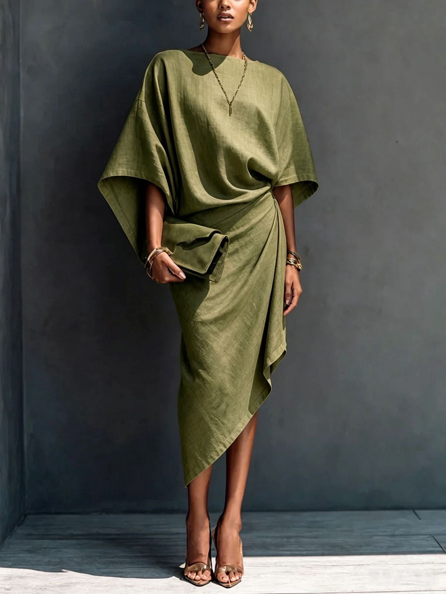 Linen Oversized Dolman Wrap Asymmetric Midi Dress