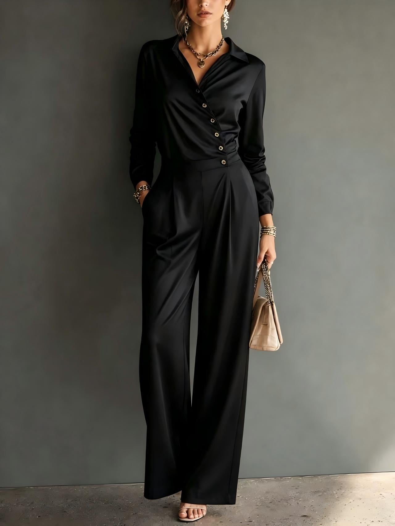 Asymmetric Wrap Shirt Wide Leg Pleated Jumpsuit