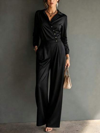 Asymmetric Wrap Shirt Wide Leg Pleated Jumpsuit