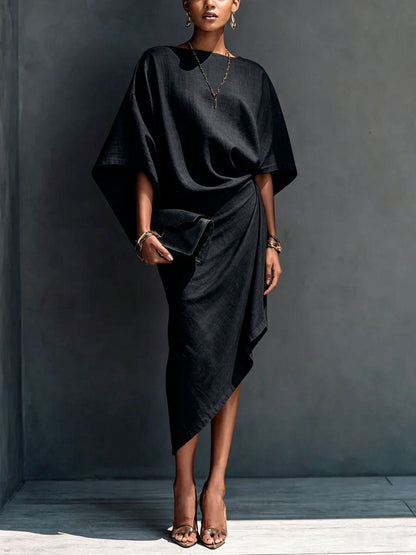 Linen Oversized Dolman Wrap Asymmetric Midi Dress
