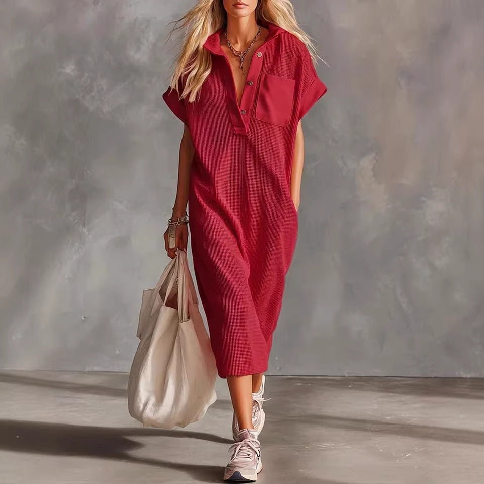 Waffle Knit Collared Midi Shirt Dress | Casual Loose Pocket Summer Dress