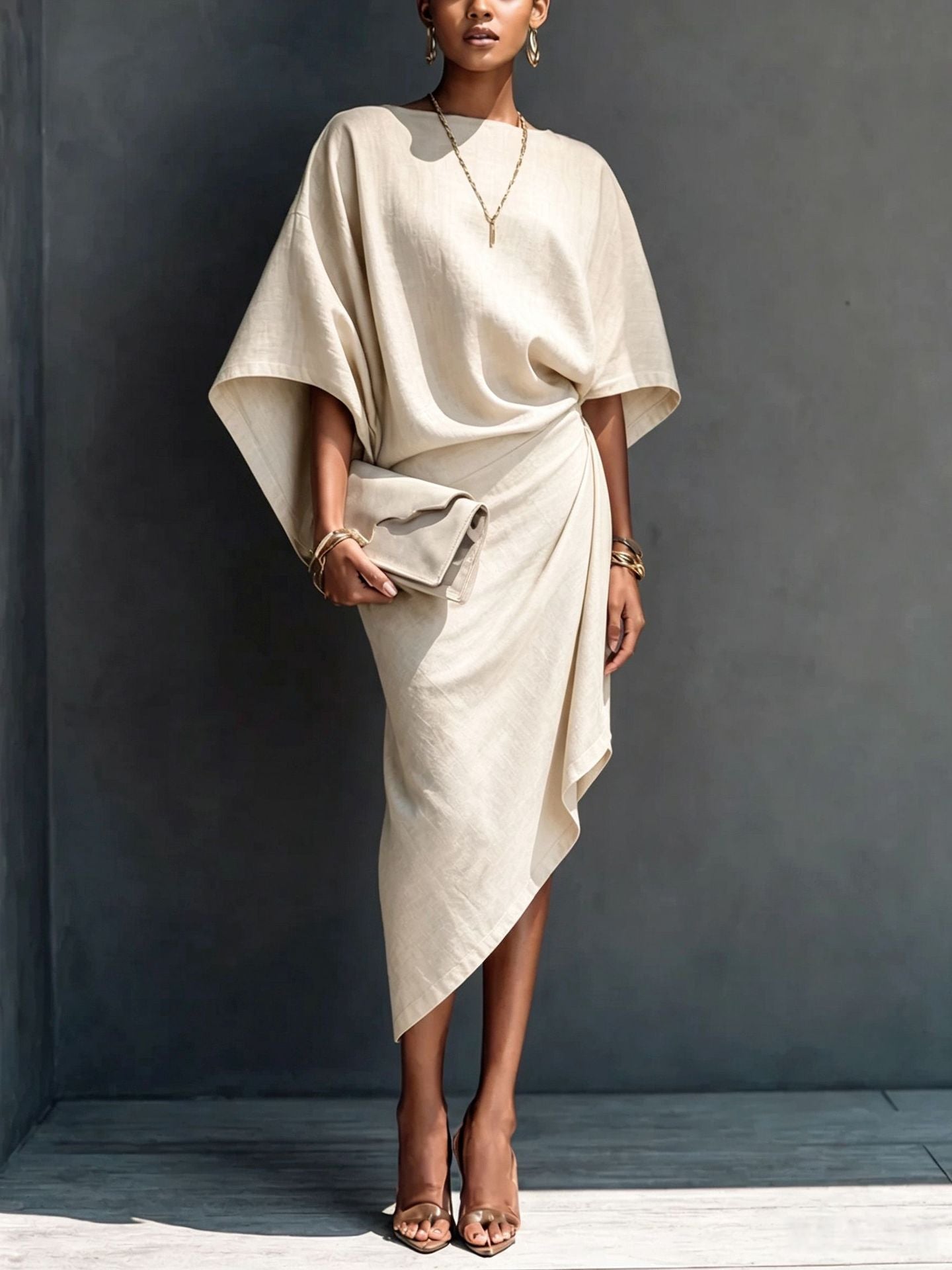 Linen Oversized Dolman Wrap Asymmetric Midi Dress