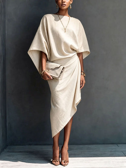 Linen Oversized Dolman Wrap Asymmetric Midi Dress