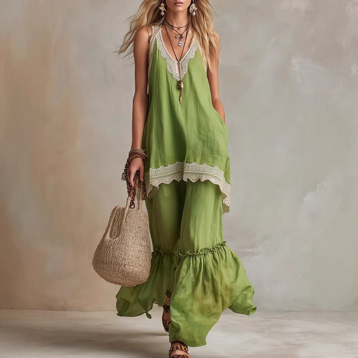 White Lace-Trim Tunic & Ruffle Pants Set
