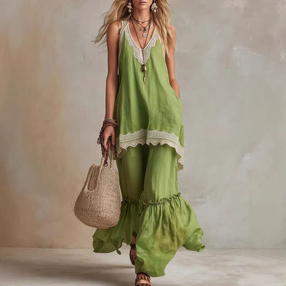 White Lace-Trim Tunic & Ruffle Pants Set