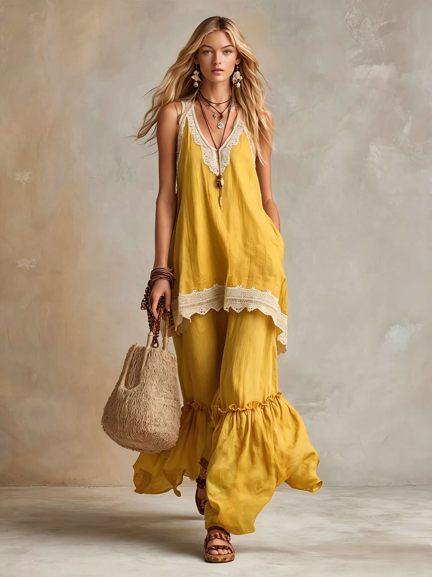 White Lace-Trim Tunic & Ruffle Pants Set