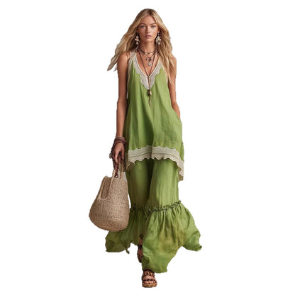 White Lace-Trim Tunic & Ruffle Pants Set