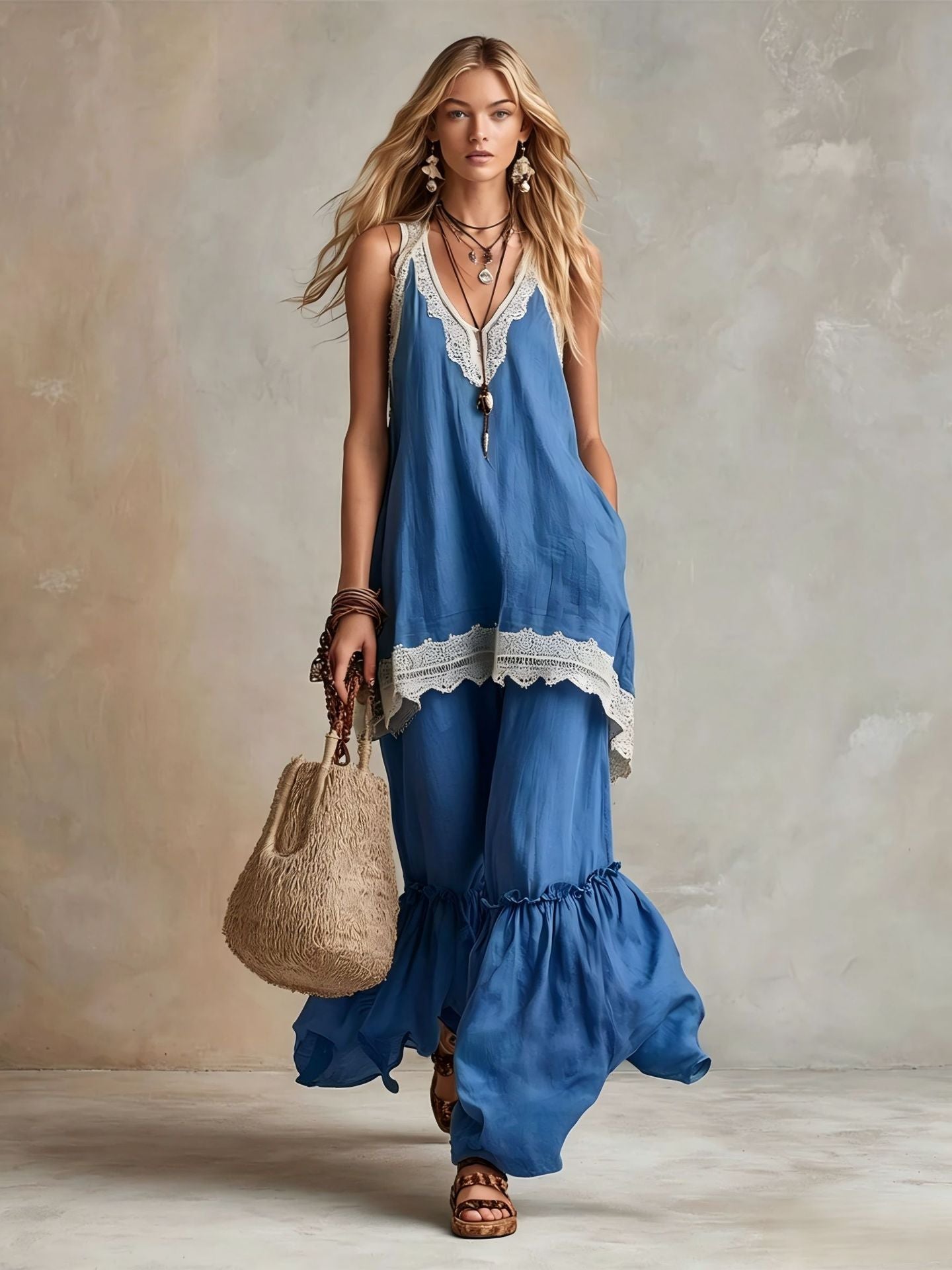 White Lace-Trim Tunic & Ruffle Pants Set