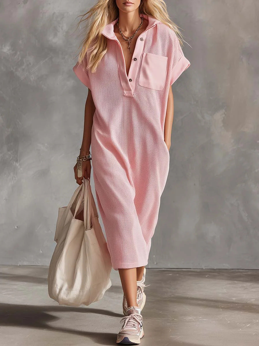 Waffle Knit Collared Midi Shirt Dress | Casual Loose Pocket Summer Dress