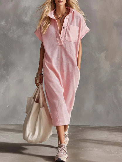 Waffle Knit Collared Midi Shirt Dress | Casual Loose Pocket Summer Dress