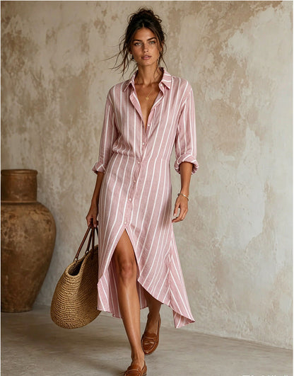Vertical Stripe Linen Shirt Asymmetrical High Low Midi Dress