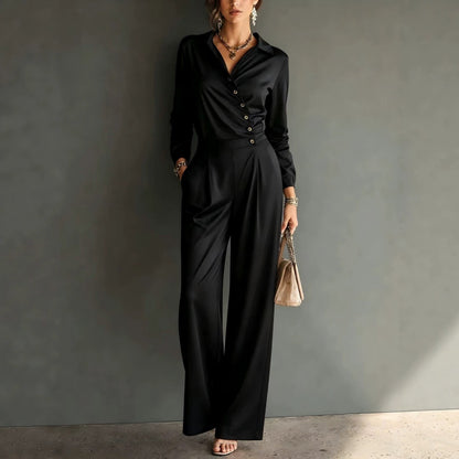 Asymmetric Wrap Shirt Wide Leg Pleated Jumpsuit