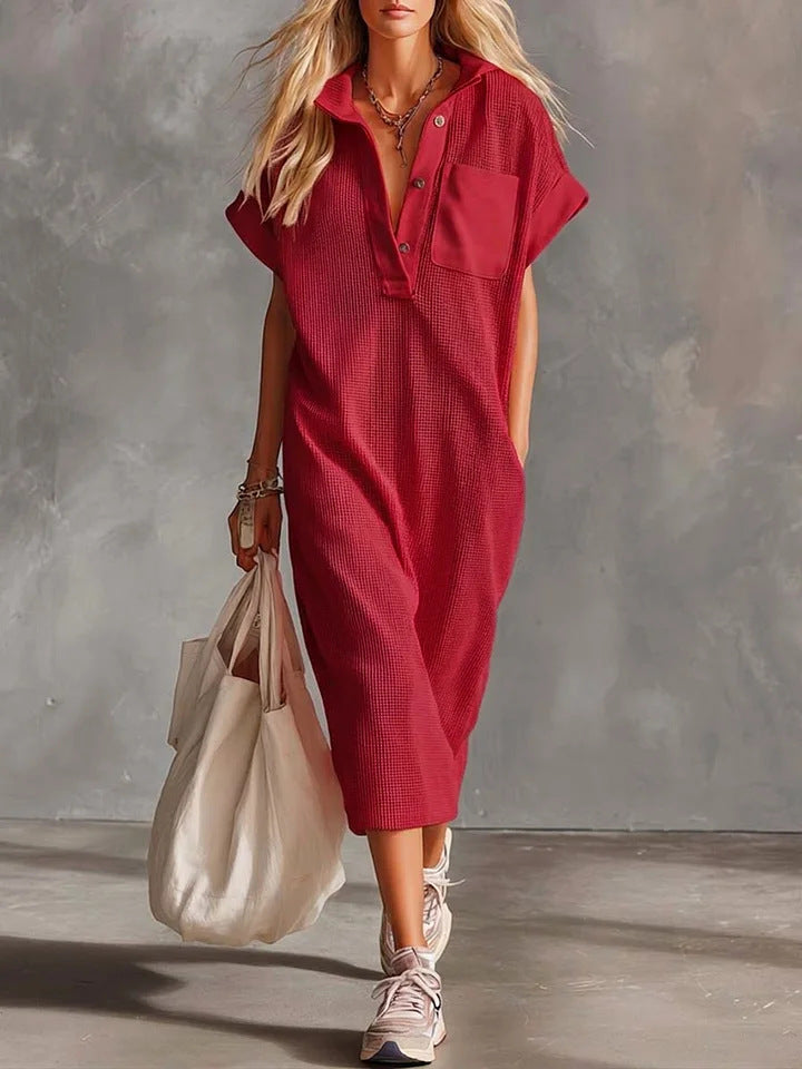 Waffle Knit Collared Midi Shirt Dress | Casual Loose Pocket Summer Dress