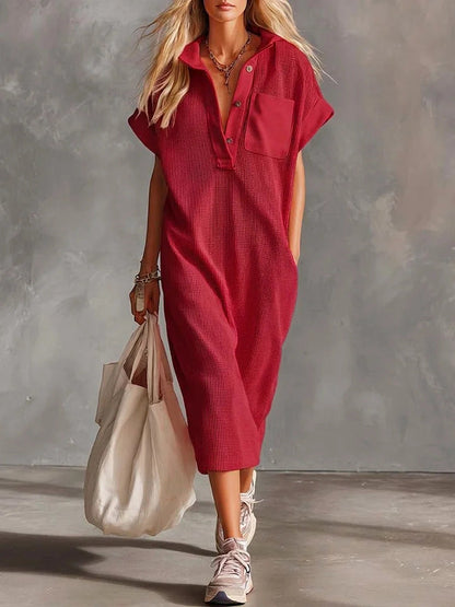 Waffle Knit Collared Midi Shirt Dress | Casual Loose Pocket Summer Dress