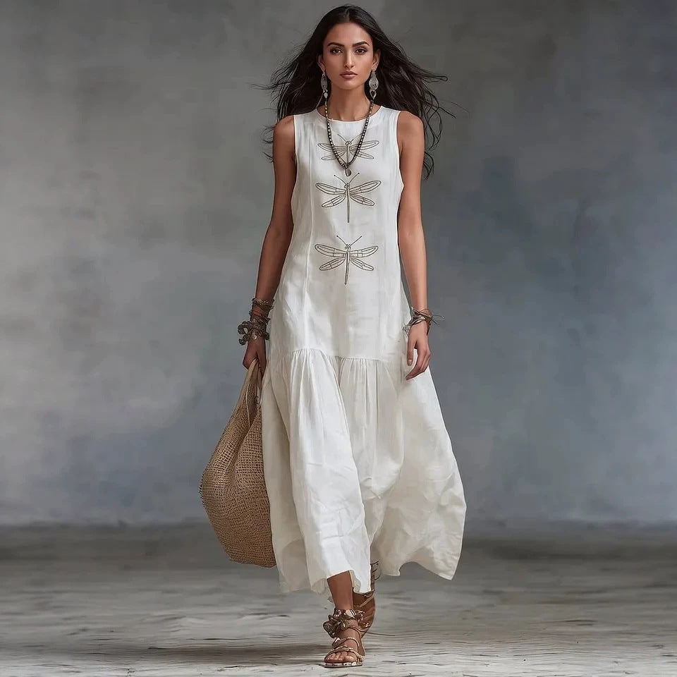 Linen Dragonfly Embroidery Sleeveless Tiered Maxi Dress