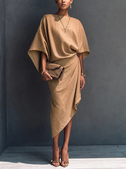 Linen Oversized Dolman Wrap Asymmetric Midi Dress