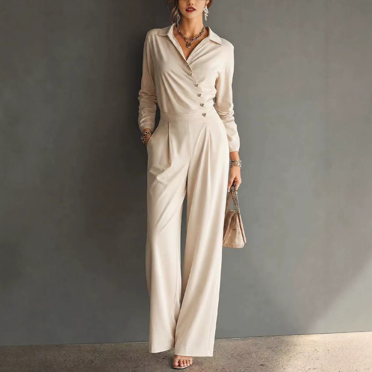 Asymmetric Wrap Shirt Wide Leg Pleated Jumpsuit