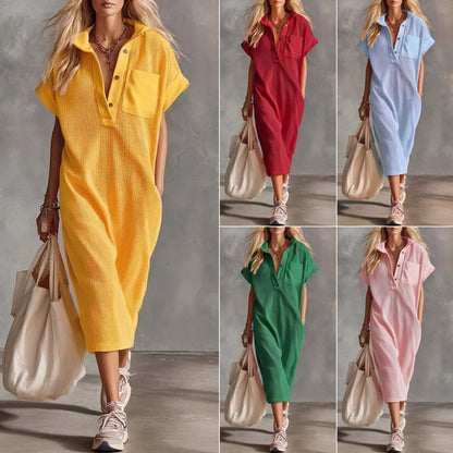Waffle Knit Collared Midi Shirt Dress | Casual Loose Pocket Summer Dress