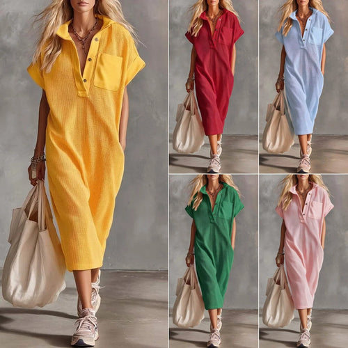 Waffle Knit Collared Midi Shirt Dress | Casual Loose Pocket Summer Dress