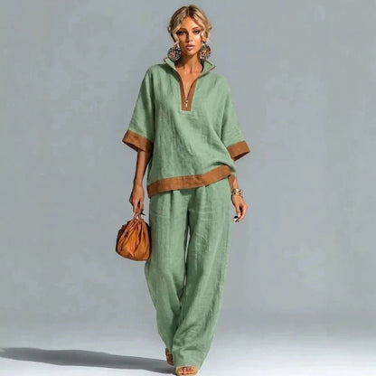 Linen Contrast Brown Trim Half Zip Collar Loose Two Piece Wide Leg Pant Set