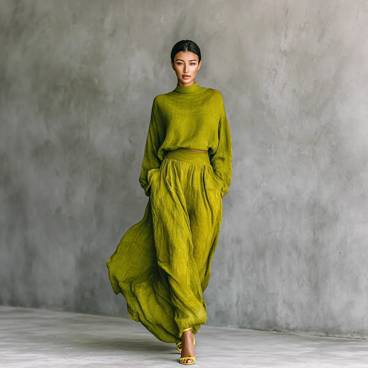 Olive Green Crinkled Linen Mock Neck Crop Top Wide Leg Maxi Pant Two Piece Set