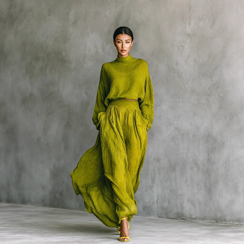 Olive Green Crinkled Linen Mock Neck Crop Top Wide Leg Maxi Pant Two Piece Set