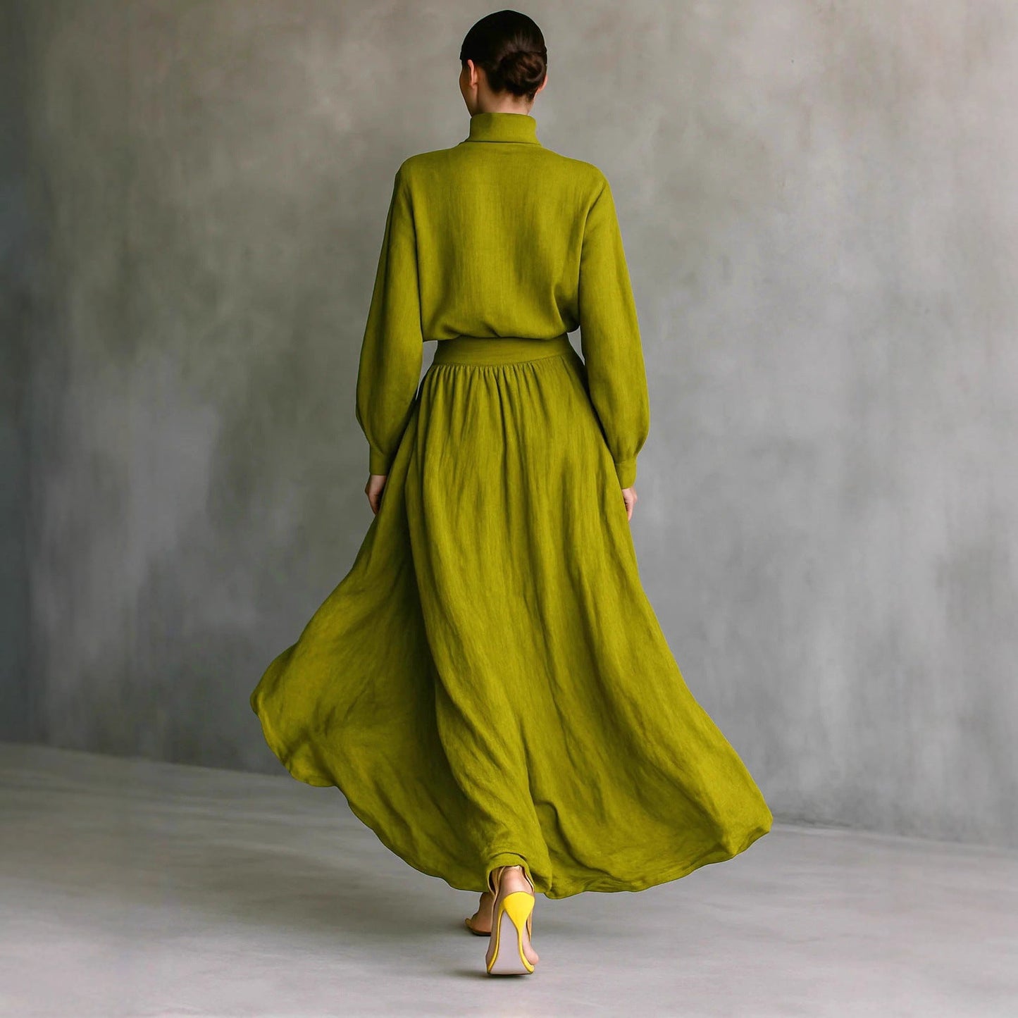 Olive Green Crinkled Linen Mock Neck Crop Top Wide Leg Maxi Pant Two Piece Set