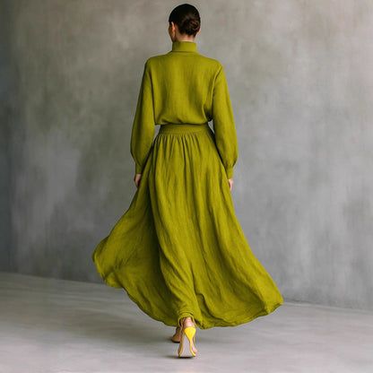 Olive Green Crinkled Linen Mock Neck Crop Top Wide Leg Maxi Pant Two Piece Set