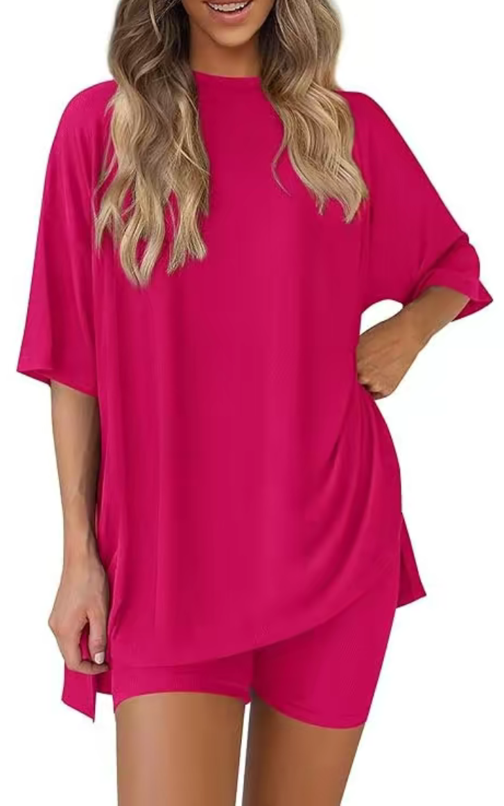 Casual Oversized 2-Piece Lounge Set with Crewneck & Split Hem