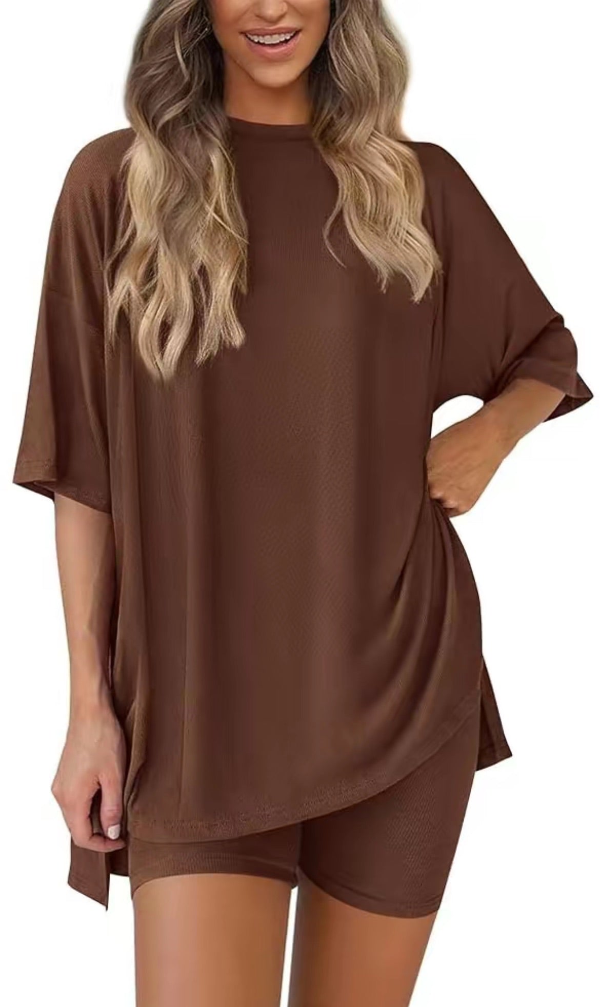 Casual Oversized 2-Piece Lounge Set with Crewneck & Split Hem