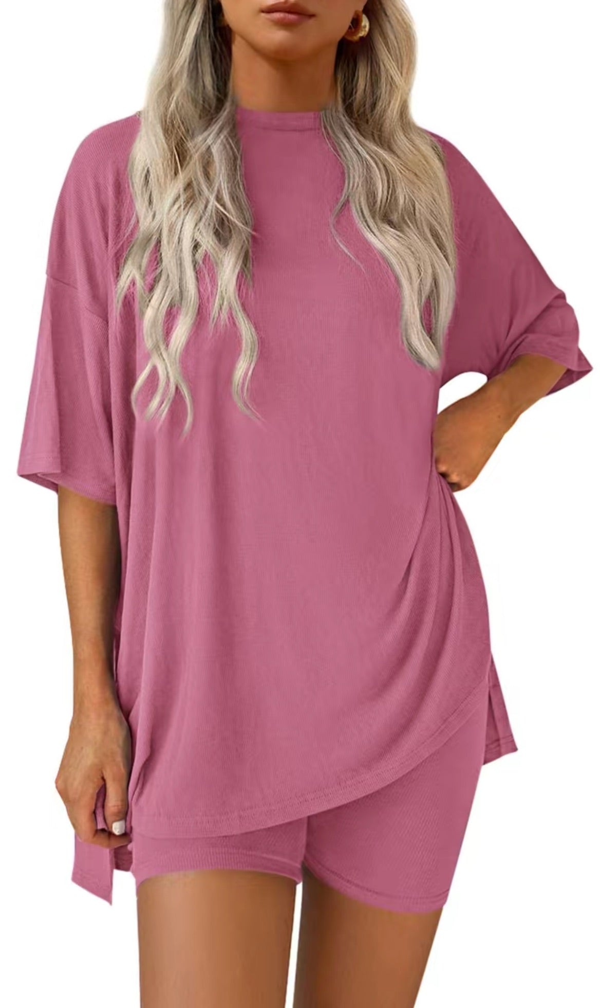 Casual Oversized 2-Piece Lounge Set with Crewneck & Split Hem