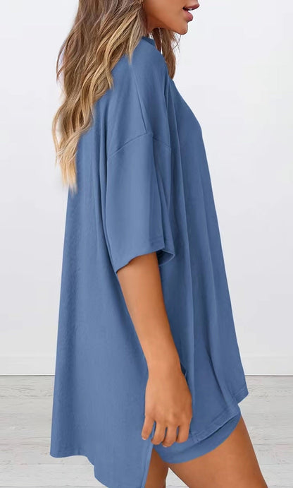Casual Oversized 2-Piece Lounge Set with Crewneck & Split Hem